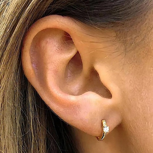 Gold Diamond Huggie Hoop Cubic Zircon Minimalist Earrings - Picture 4 of 10